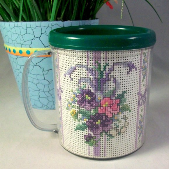 Handmade Cross Stitch Coffee Mug Pansy Bouquet 8 0z - Picture 2 of 4